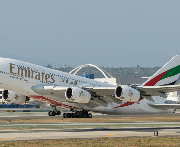 Emirates jetliner at Dubai airport runway