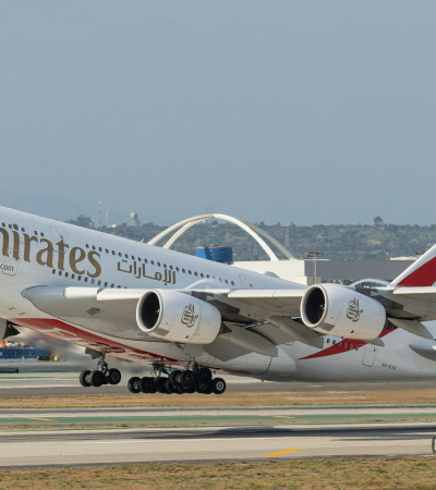 Emirates jetliner at Dubai airport runway