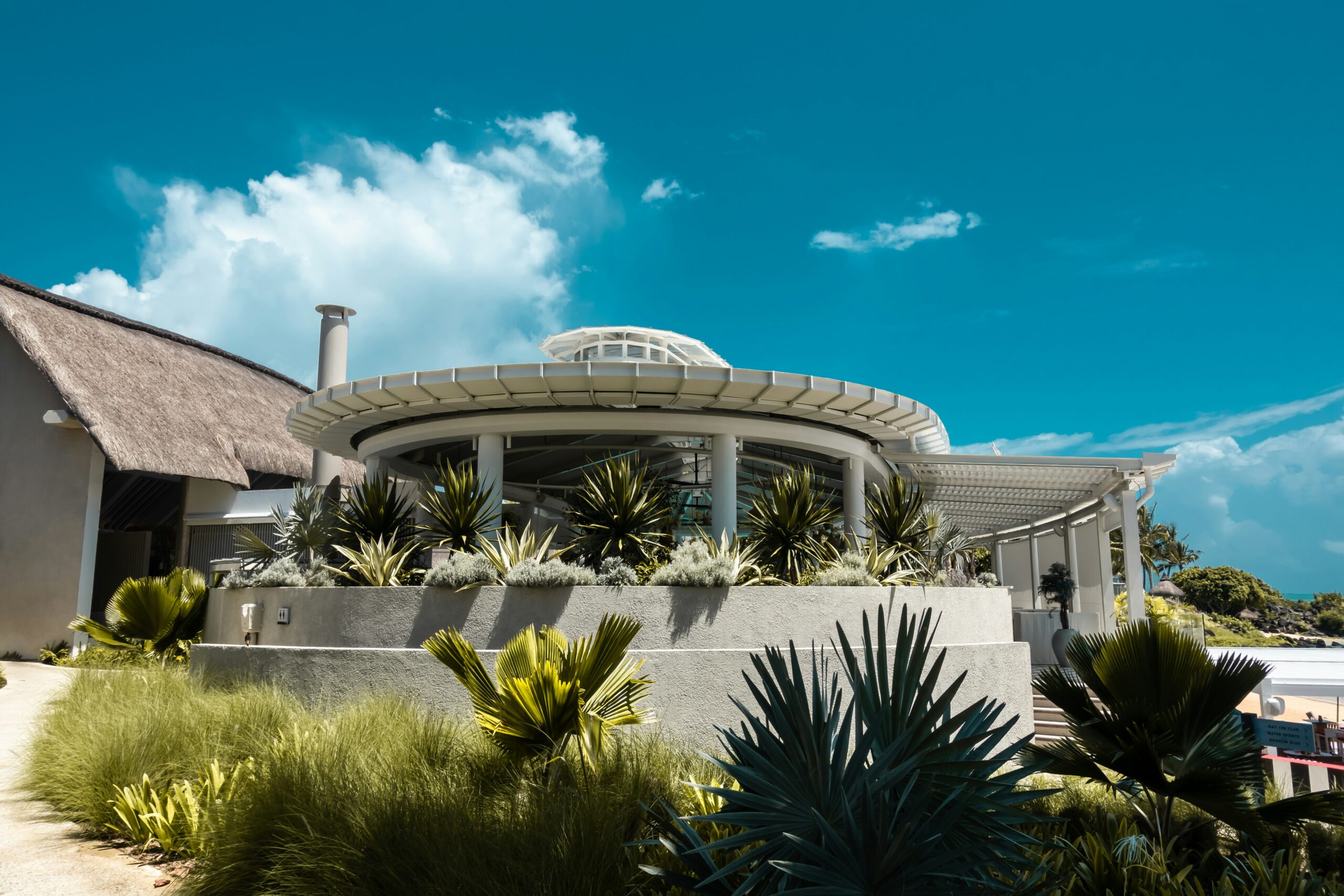 white concrete building with green plants oaxaca