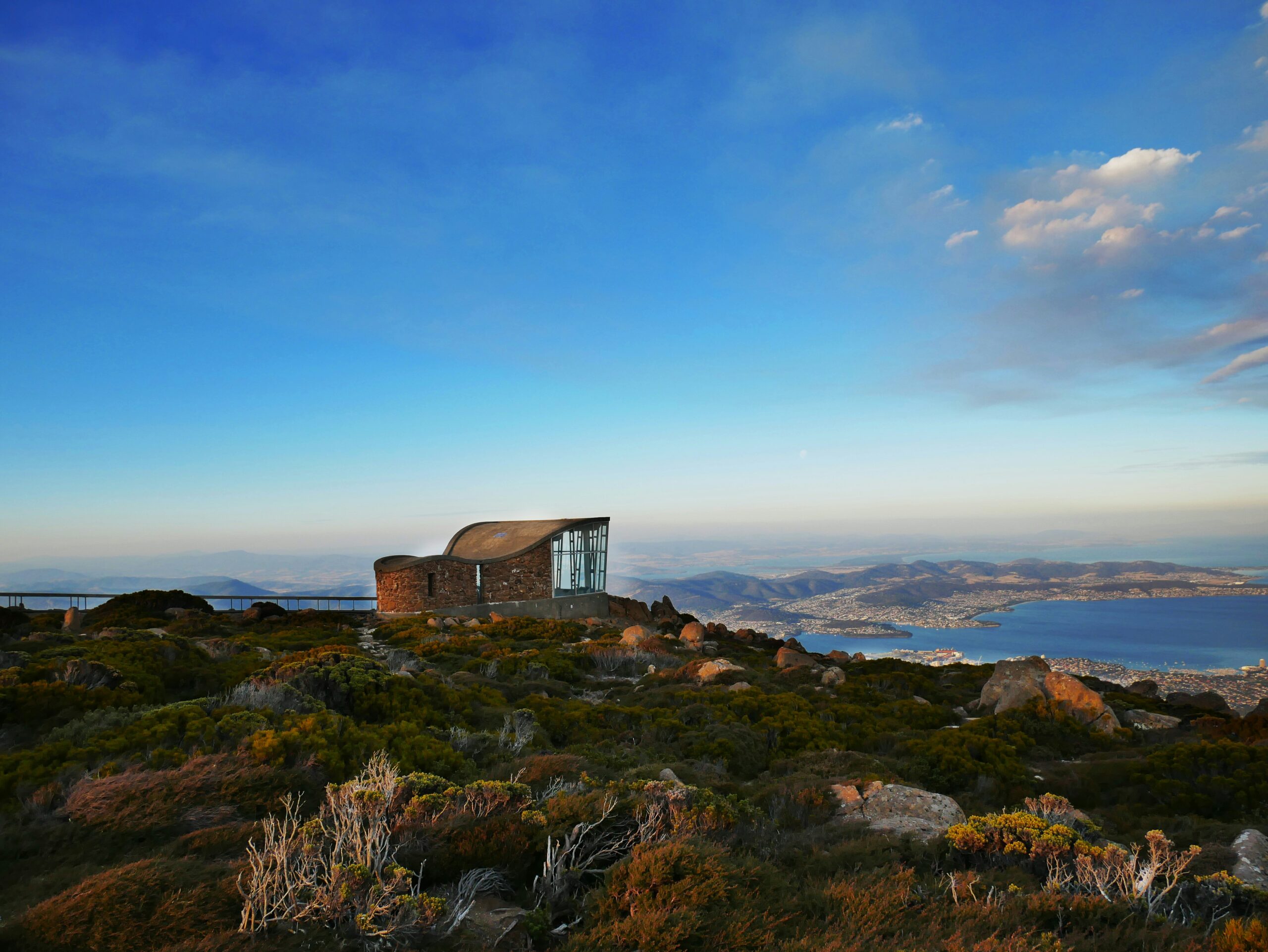 A view from Mt Wellington at sunset over the city of Hobart Tasmania Australia