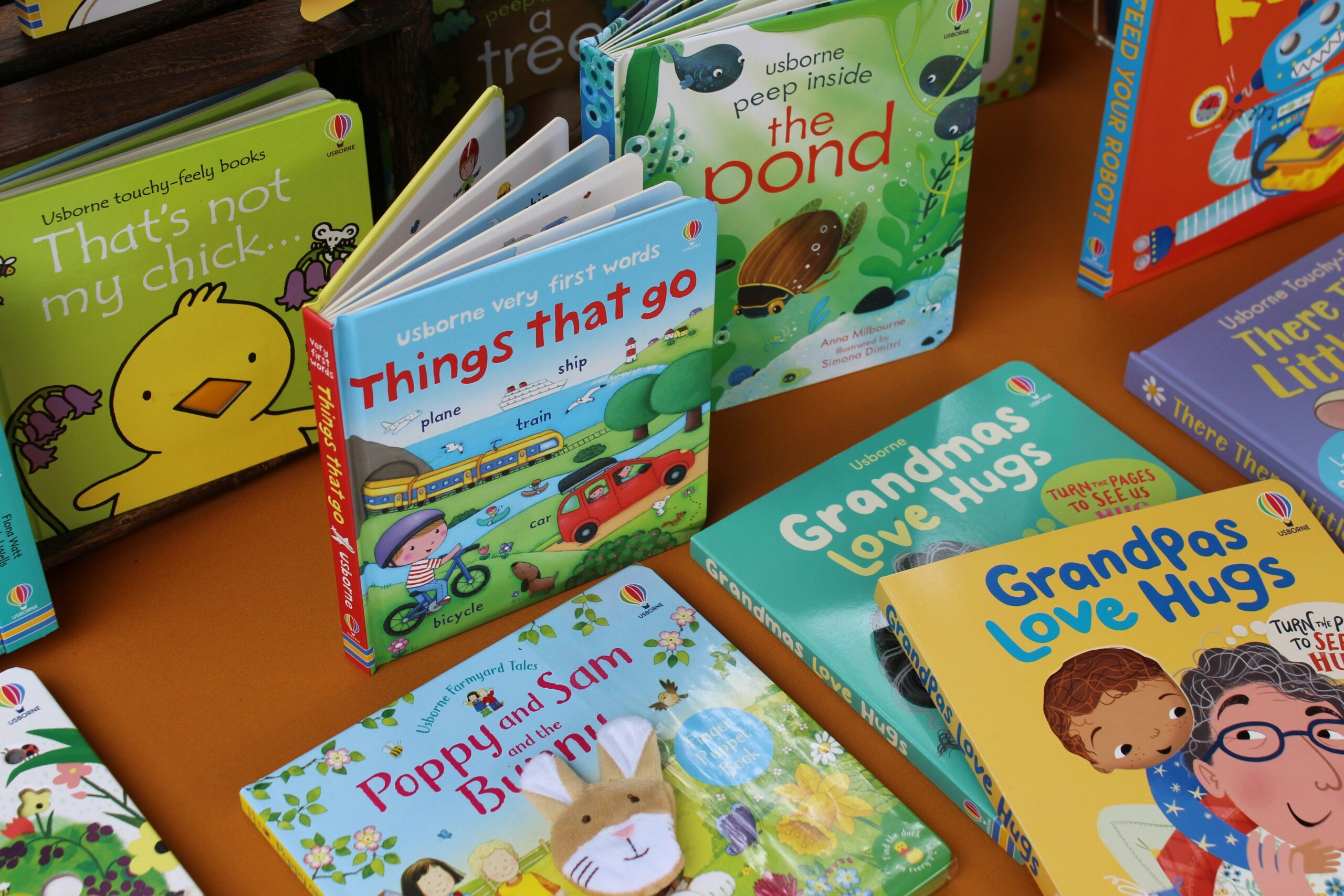 Colorful children's books with various titles displayed together