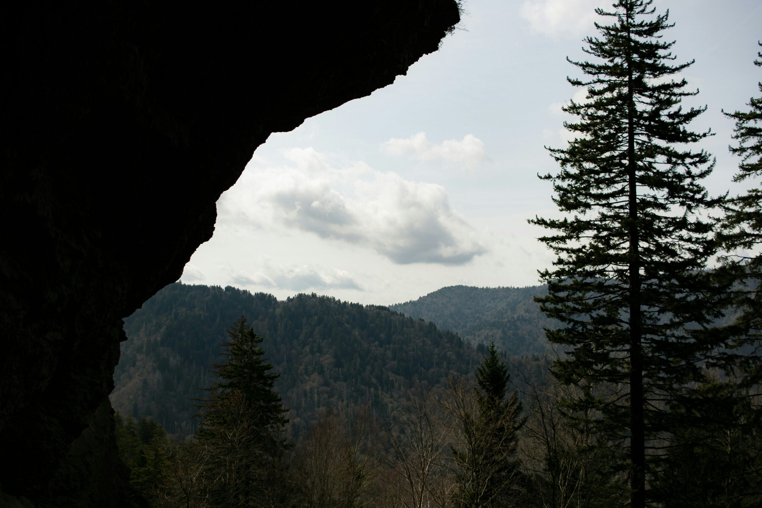 a view of a mountain range from a cave