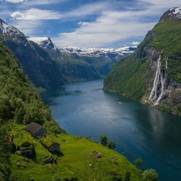 A river running through a valley between mountains in Norway