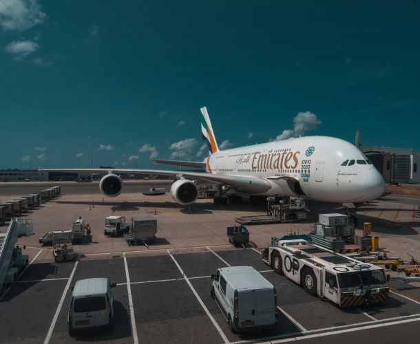 white Emirates plane