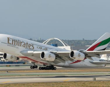 Emirates jetliner at Dubai airport runway