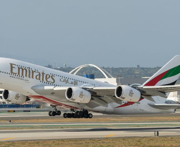 Emirates jetliner at Dubai airport runway